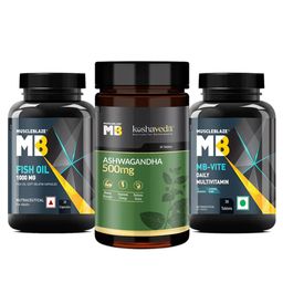 MuscleBlaze MB-VITE Daily Multivitamin + Fish Oil (1000 mg) & Koshaveda Ashwagandha 500mg 30 Tablet(s) Combo-12