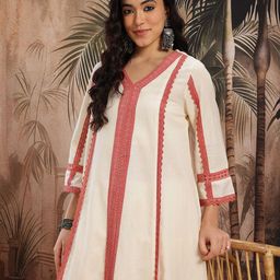 Sangria Lace Insert Detail Cotton-Linen A-Line Kurta with Salwar-image-6