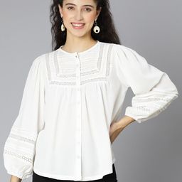 Oxolloxo White Self Designed Embroidered Cuffed Sleeves Blouson Top-image-4