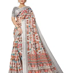 J 6 DESIGNER Adults-Women Geometric Zari Linen Blend Saree-image-89