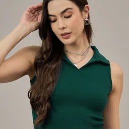 R.Code by The Roadster Life Co. Women Vertical Stripes Shirt Collar Fitted Crop Top-image-57