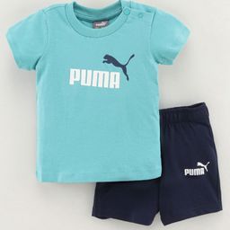 Puma Half Sleeves Tee & Shorts Set Logo Print- Blue-image-50