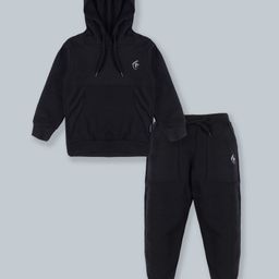 Kiddopanti Full Sleeves Logo Printed Kangaroo Pocket Hooded Sweatshirt & Track Pants Set - Jet Black-picture-28