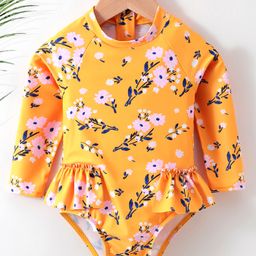 Babyhug Full Sleeves V Cut Swimsuit Floral Print - Yellow-picture-13