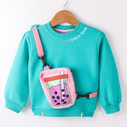 Little Kangaroos Full Sleeves Drop Shoulder Sweatshirt with Sling Bag with Text Print - Green-image-55