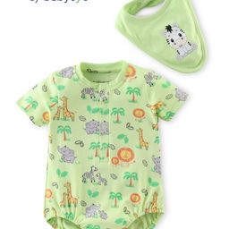 Babyoye  100% Cotton Knit with Eco Jiva Finish Half Sleeves Onesies with Bib Jungle Theme Print -Green-image-50