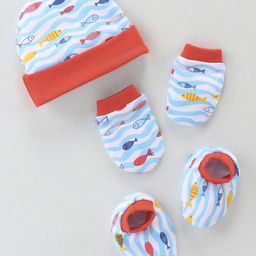 OHMS Interlock Cotton Knit Cap Mitten & Booties Set Fish Print Blue & Red - Diameter 11 cm-27