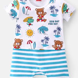 Babyhug 100% Cotton Knit Half Sleeves Striped Romper with Beach Theme - Blue & White-image-51