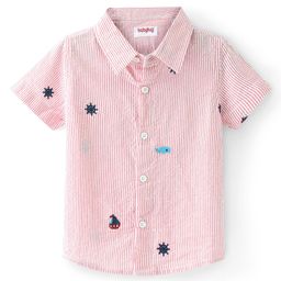 Babyhug Cotton Woven Half Sleeves Striped Shirt with Boat & Anchor Embroidery - Red-image-7