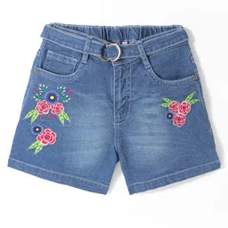 Pine Kids Denim Mid Thigh Shorts with Belt Floral Embroidery - Blue-picture-28