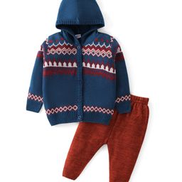 Babyhug Knit Full Sleeves Front Open Hooded Sweater Set With Aztec Design - Navy Blue-picture-1