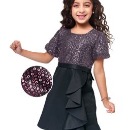 Hola Bonita Knit Half Sleeves  A Line  Sequined Party Frock with Scuba Ruffle - Mauve-image-65