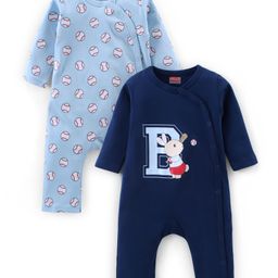 Babyhug 100% Cotton Full Sleeves Front Open Romper With Baseball Print Pack of 2 - Blue-image-5