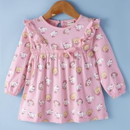 CUCUMBER Sinker Knit Full Sleeves Frock with Frill Detailing & Kitty Print - Peach-picture-33