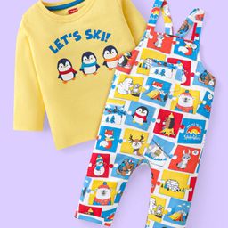 Babyhug Single Jersey Knit Dungaree and Full Sleeves T-Shirt Set with Penguins Print - White & Yellow-image-48