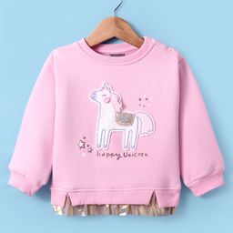 Little Kangaroos Fleece Knit Full Drop Shoulder Sleeves Sweatshirt With Unicorn Patch - Baby Pink-image-88
