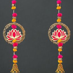 eCraftIndia Pink & Yellow 2 Pieces Lotus with Pom Pom Wall Hangings-23
