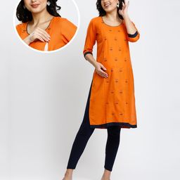 True Shape Three Fourth Sleeves Floral Motif Embroidered Maternity Kurta With Concealed Zipper Nursing Access - Orange-picture-20