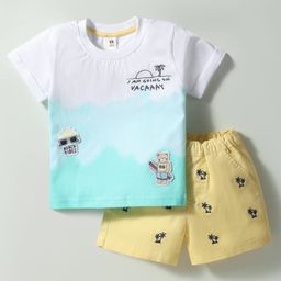 ToffyHouse Cotton Knit Half Sleeves T-Shirt & Shorts Set With Beach Theme Embroidery & Patch Detailing - Multicolor-image-83