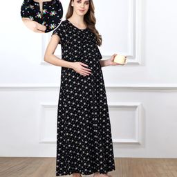 Bella Mama Cotton Knit Half Sleeves Concealed Zipper Floral Print Nighty - Black-picture-6