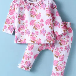 ToffyHouse Cotton Knit Full Sleeves Co-ords Night Suit With Floral Print - White-picture-23