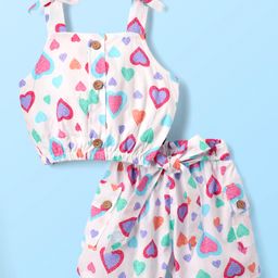 Dew Drops Poplin Woven Sleeveless Co-ords Top & Shorts Set with Fabric Belt & Hearts Print - White-image-83