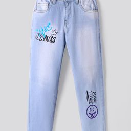 Primo Gino Woven Full Length Washed Jean With Graffiti Print - Light Blue-image-76