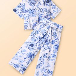 CrayonFlakes Half Sleeves Floral Printed Shirt Style Crop Top With Coordinating Palazzo Set - Off White & Blue-image-91
