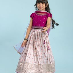 Babyhug Woven Puffed Sleeves Choli Lehenga & Dupatta Set Floral Foil Print - Off White-image-90
