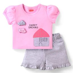Babyhug Cotton Knit Half Puffed Sleeves Shorts Night Suit with Cloud Applique & House Patch - Pink & Grey-image-44