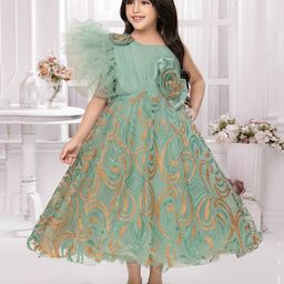 Tiny Kingdom Net One Shoulder Frill Sleeves Floral Applique Detailed Abstract Glitter Printed Gown - Green-image-45
