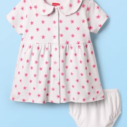 Babyhug Cotton Woven Peter Pan Collar Front Open Half Sleeves Frock & Bloomer With Floral Print - White-image-32