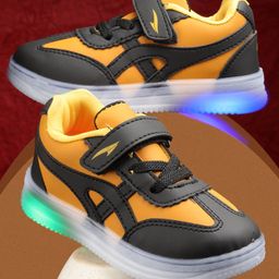 Asian Colour Blocked With Velcro Closure LED Sneakers - Black & Mustard-image-2