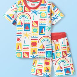 Babyhug Cotton Knit Half Sleeves Shorts Night Suit With Fruit & Boat Print - White-image-96