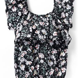 Kookie Kids Cotton Rayon Woven Frill Sleeves Top with Floral Print & Elasticated Hem - Black-image-97