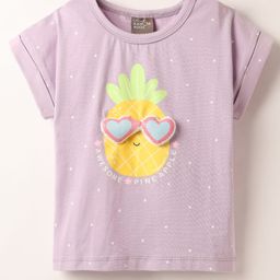 Little Kangaroos Cotton Knit Half Sleeves T-Shirt with Pineapple Print & Heart Applique - Lilac-picture-38