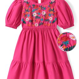 Pine Kids 100% Cotton Half Sleeves Floral Embroidered Frock - Pink-picture-12