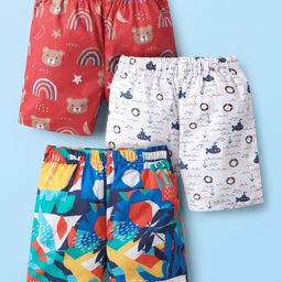Babyhug Cotton Woven Above Knee Length Boxers with Nautical & Animal Print Pack of 3 - Red Navy Blue & OffWhite-image-52