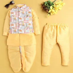 Jeet Ethnics Cotton Blend Full Sleeves Solid Kurta Dhoti & Pyjama With Patola Printed Jacket Set - Yellow-picture-13