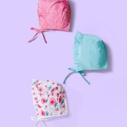 Babyhug 100% Cotton Cambric Woven Cap With Floral Print White Light Blue & Pink Pack Of 3 - Diameter 16.5 cm-picture-34