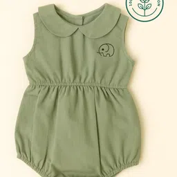 furr balls Organic Cotton Woven Sleeveless Elephant Printed Peter Pan Collar Onesie - Green-picture-17