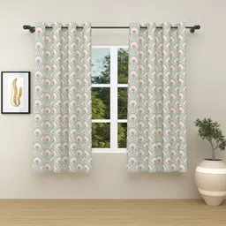 haus & kinder White & Blue 2 Pieces Floral Pure Cotton Room Darkening Window Curtains-23