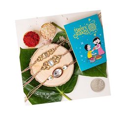 Kaameri Bazaar Set Of 3 Crystal Thread Rakhis With Pooja Coin Greeting Card & Roli Chawal-image-13