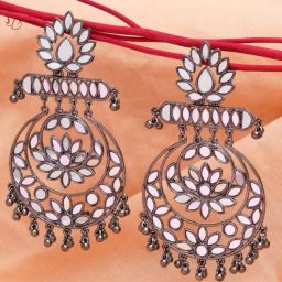 Karatcart Black Silver-Plated Floral Design Mirror Work Long Dangler Earrings for Women-2