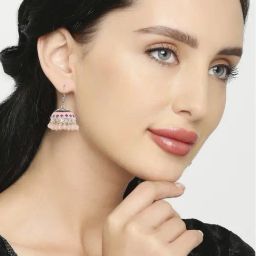 OOMPH Jewellery Oxidized Silver Tone Peach Pink Ethnic Jhumki-image-4