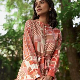 W Orange Printed A-Line Dress-image-92