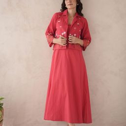 OneWe Gulshan Women Floral Embroidered Cotton A-Line Midi Dress With Jacket-image-67