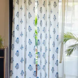 Urban Space Floral White & Blue Cotton 8 FT Long Door Curtains - Set of 2-image-50