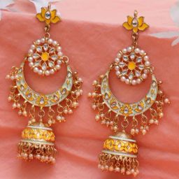 Karatcart Gold-Plated Floral Yellow Meena Kundan Jhumki Earrings-16