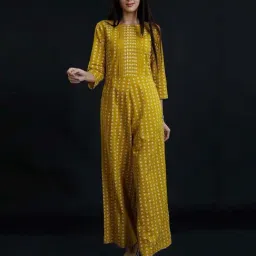 Fabnest Green Discharge Print Cotton Jumpsuit With Pintucks At Home Yoke-picture-2